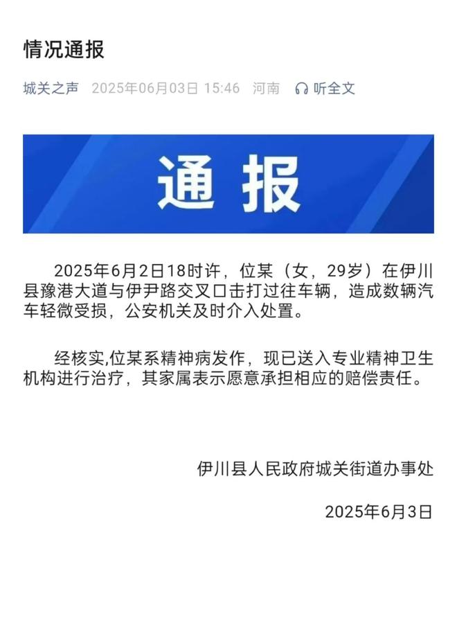 辆轿车通报：系精神病发作家属愿意承担赔偿pg电子免费试玩模拟器女子持械当街打砸多(图2)